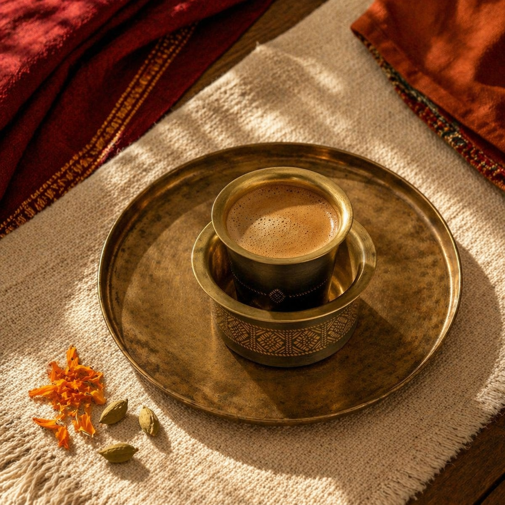 Kanjeevaram Antique Brass Filter Coffee Dabara Set, The Brass Atelier. Handmade in India by House of Taraasha.