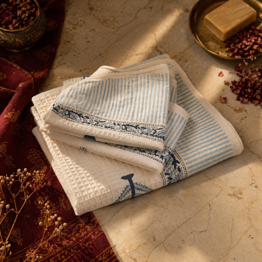 Evergreen Floral White and Blue Block-Printed Towels, The Linen Room. Handmade in India by House of Taraasha.