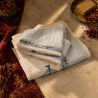 Evergreen Floral White and Blue Block-Printed Towels, The Linen Room. Handmade in India by House of Taraasha.