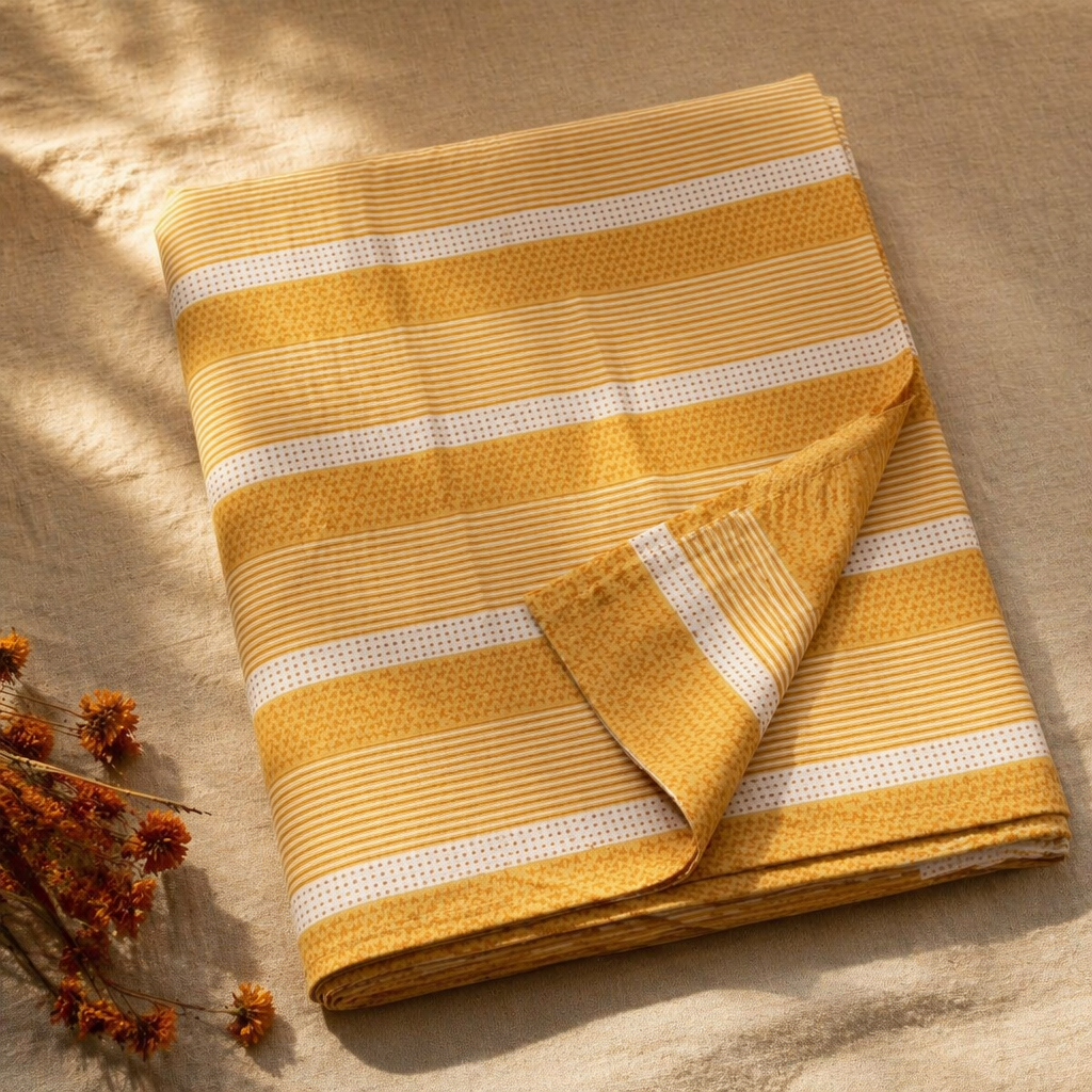 Mustard & Off-White Textured Cotton Bedsheet, The Linen Room. Handmade in India by House of Taraasha.
