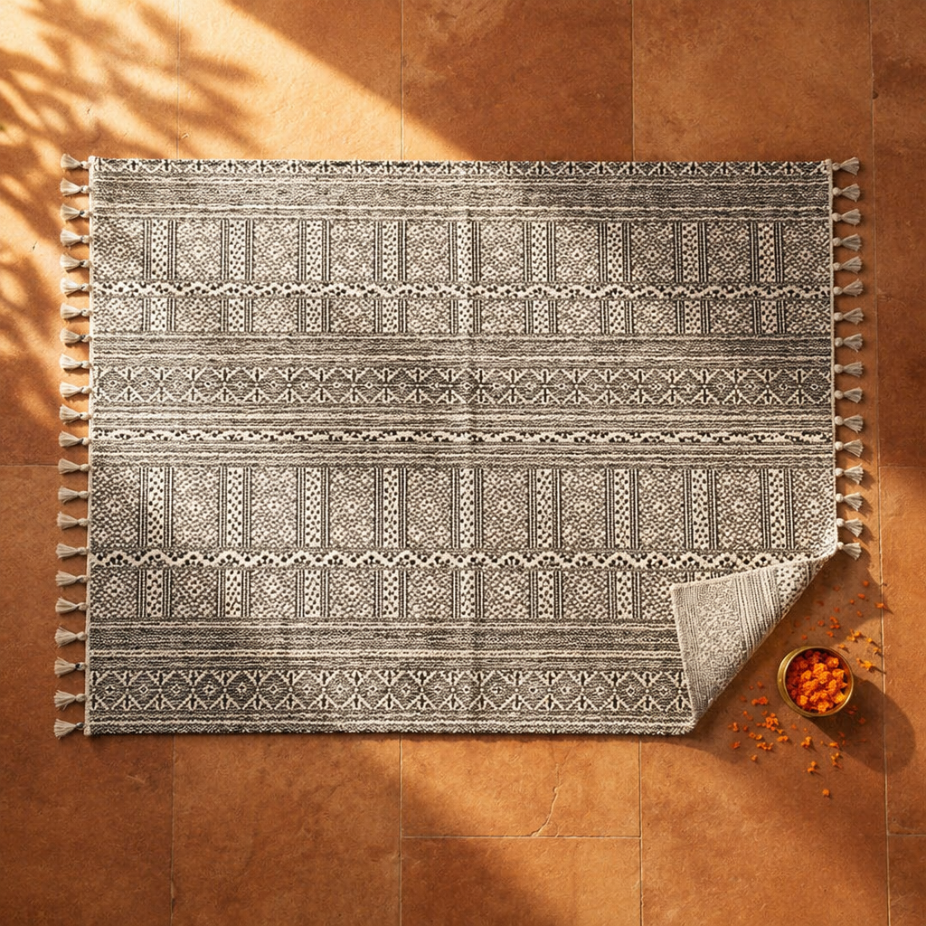 Monochrome Hand Block-Printed Black and White Floor Rug, The Woven Floor. Handmade in India by House of Taraasha.