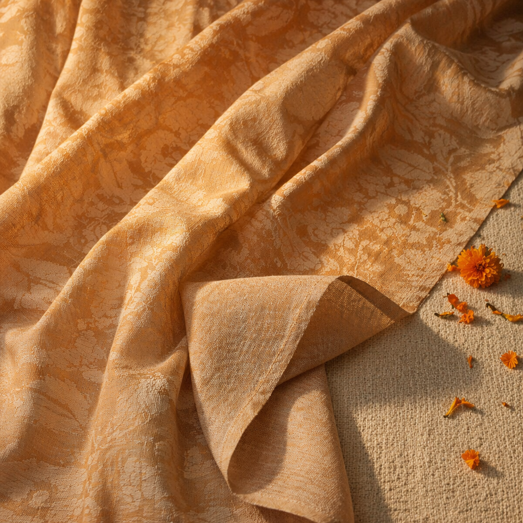 Peach Yellow Karhuwa Cutwork Door Curtain, The Draped Window. Handmade in India by House of Taraasha.