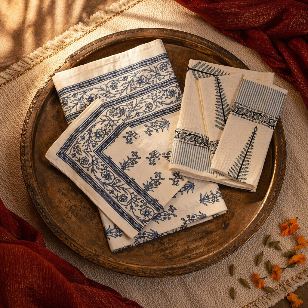 White and Blue Floral Bed and Bath Gift Set, The Gift Room. Handmade in India by House of Taraasha.