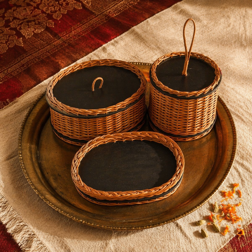 Kashmir Willow Storage Box, Tray & Cutlery Caddy, The Brass Atelier. Handmade in India by House of Taraasha.