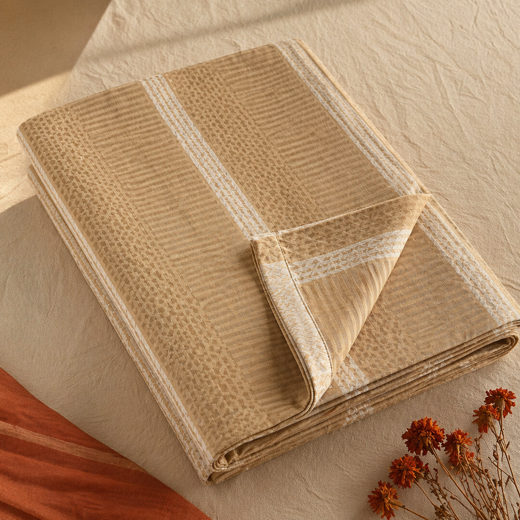 Beige & White Textured Hand-Printed Bedsheet, The Linen Room. Handmade in India by House of Taraasha.