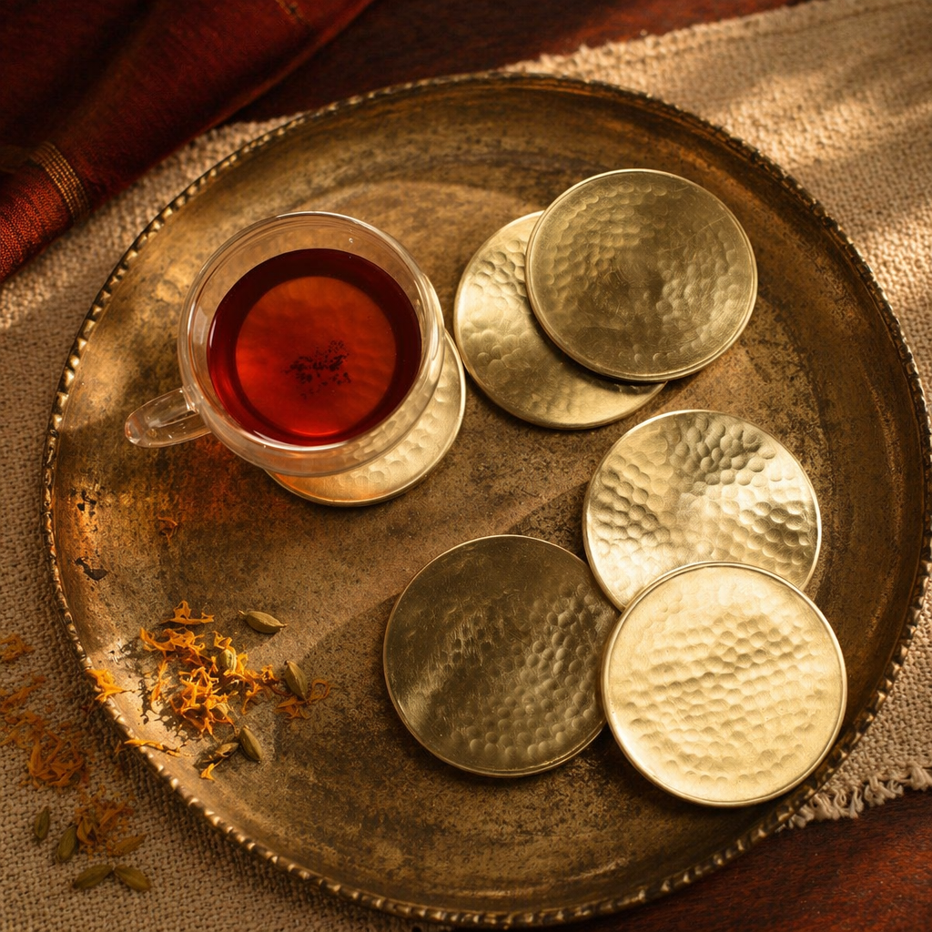 Moradabad Matt Hammered Brass Coasters, The Brass Atelier. Handmade in India by House of Taraasha.
