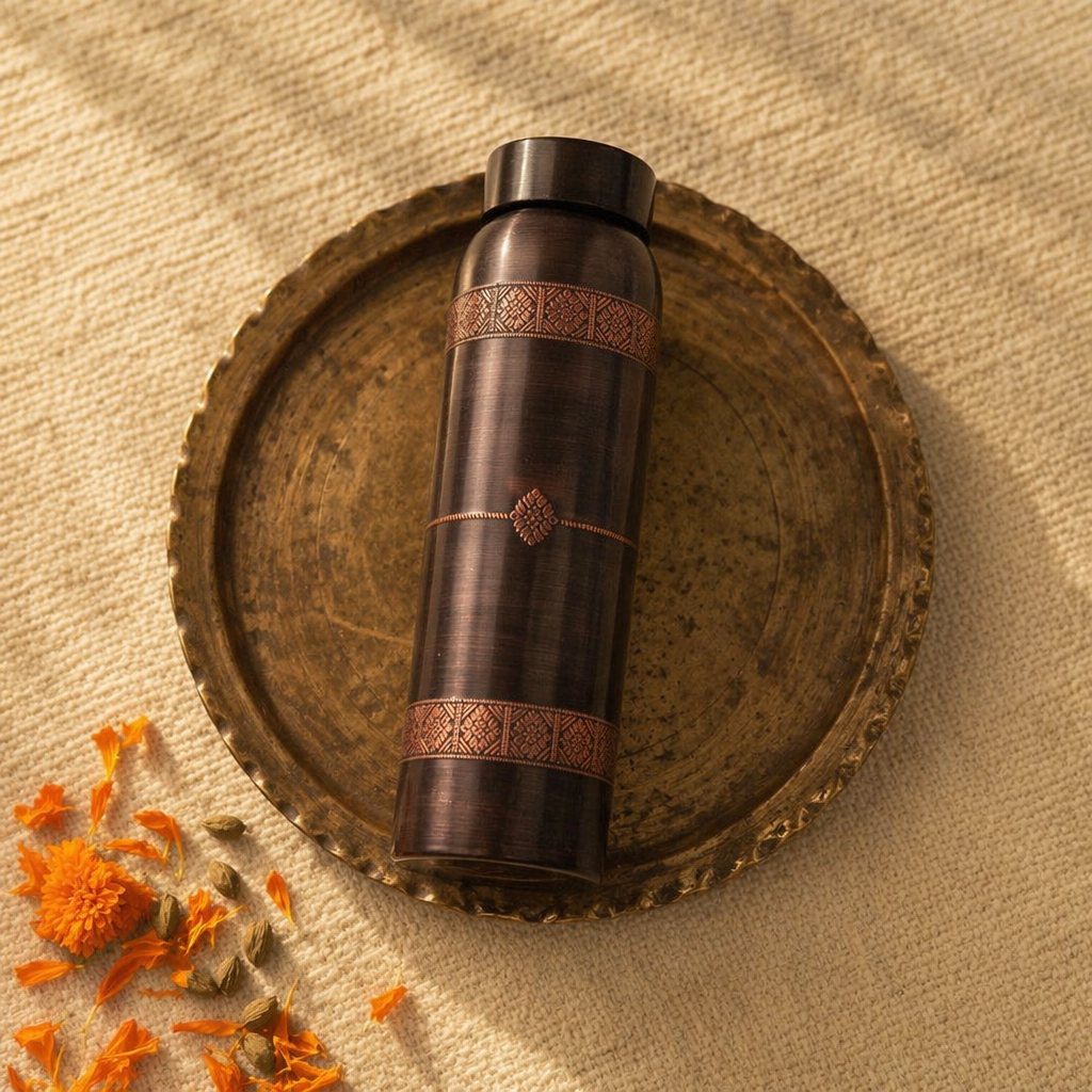 Kanjeevaram Etched Antique Pure Copper Water Bottle, The Brass Atelier. Handmade in India by House of Taraasha.