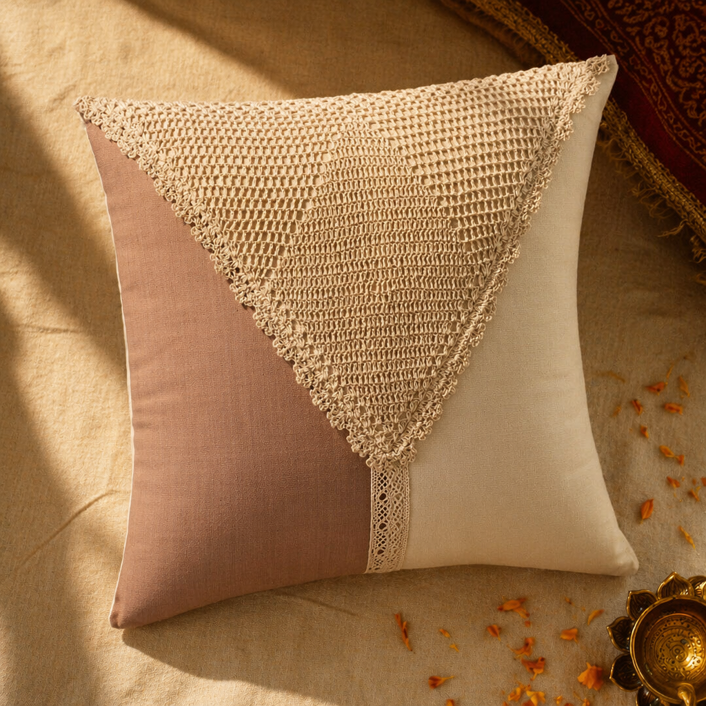 Taupe and Off White Crochet-Detailed Cotton Cushion Cover, The Living Room. Handmade in India by House of Taraasha.