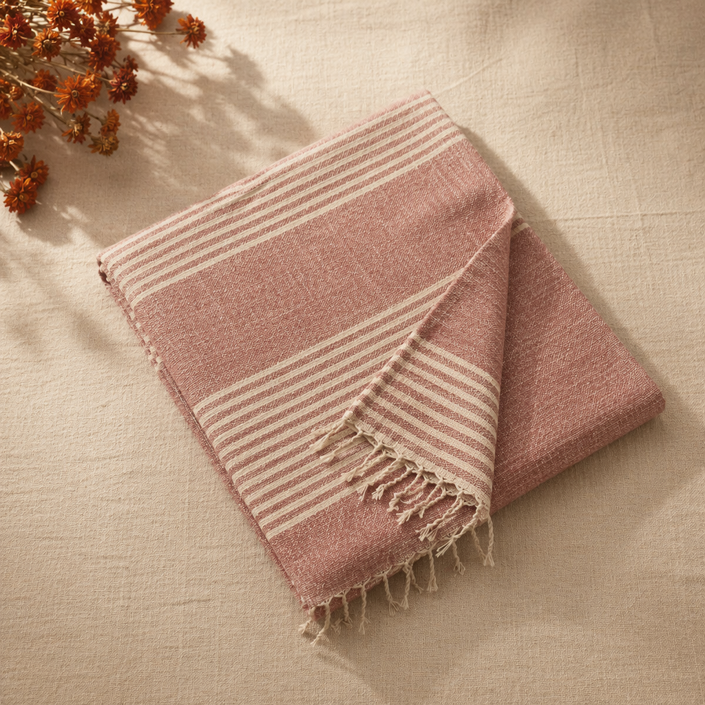 Royal Courtyards Pink Striped Handwoven Bed Cover, The Linen Room. Handmade in India by House of Taraasha.
