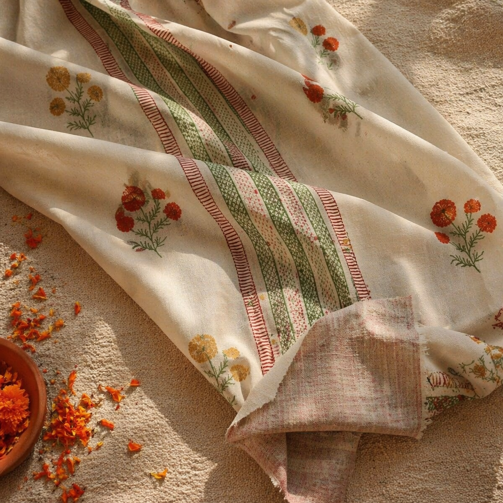 Handwoven & Block-Printed Set Sage, Rust, Mustard and Teal, The Draped Window. Handmade in India by House of Taraasha.