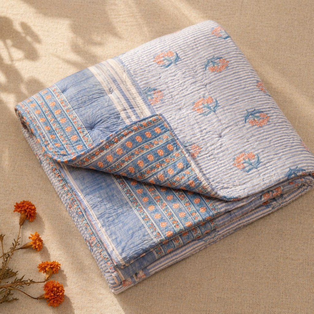 Dusty Pink & Blue Reversible Mulmul Quilt, The Linen Room. Handmade in India by House of Taraasha.