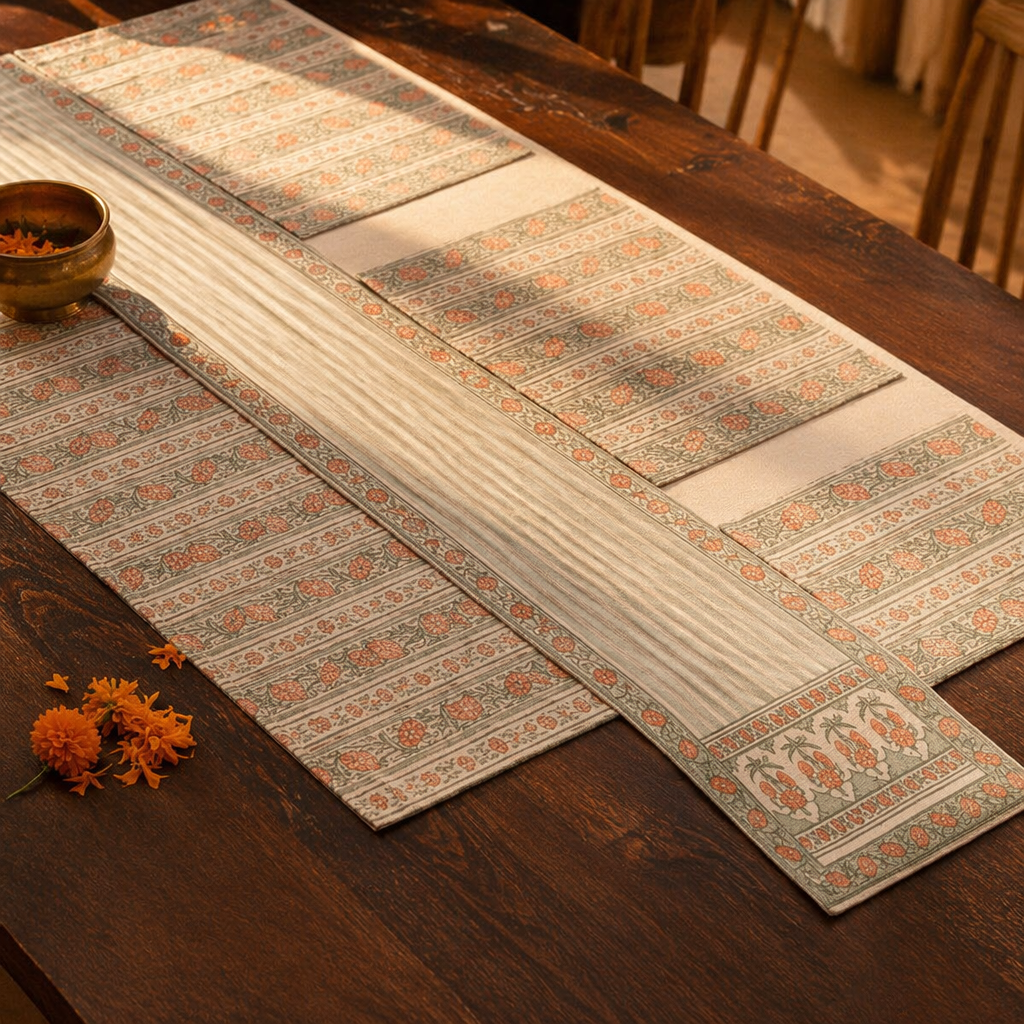 Green & Dusty Pink Floral Cotton Runner & Mat Set, The Gathered Table. Handmade in India by House of Taraasha.
