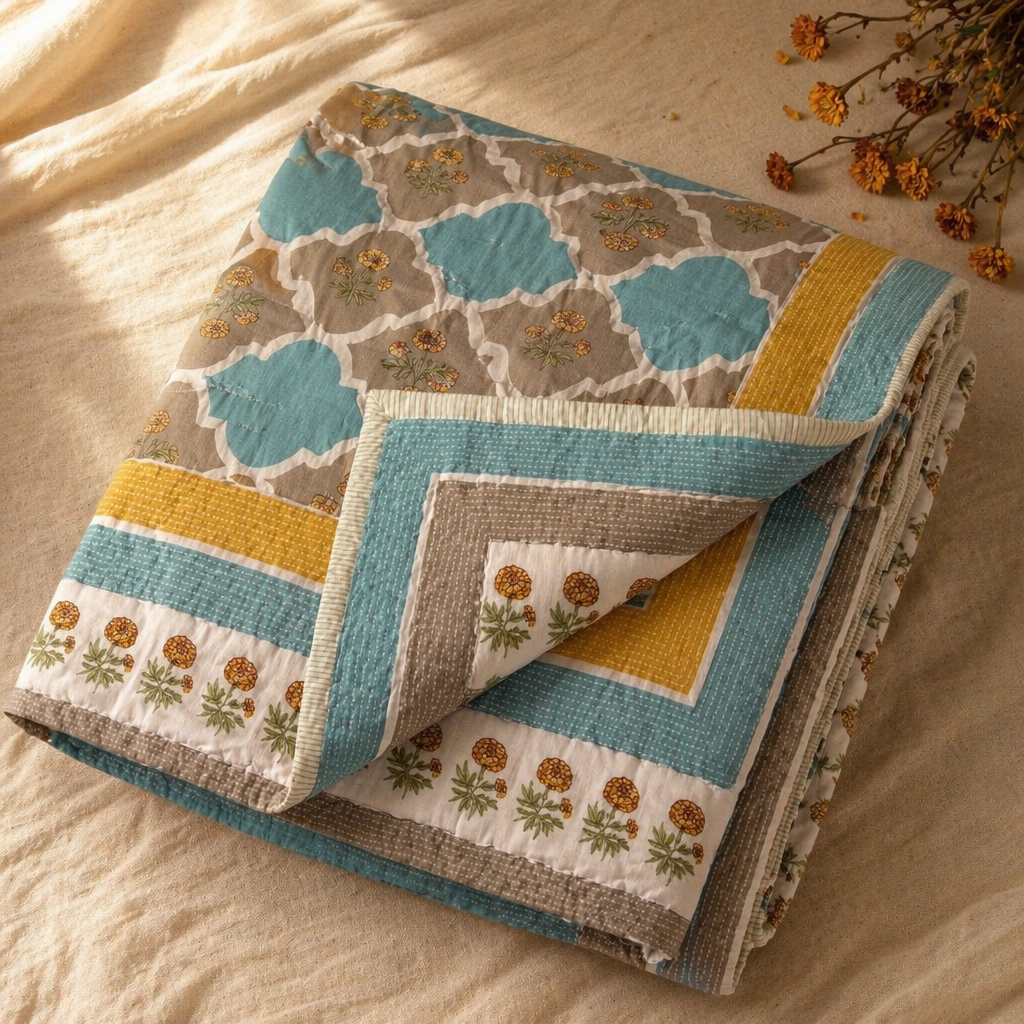 Sanganer Hand Block-Printed Mulmul Cotton AC Comforter, The Linen Room. Handmade in India by House of Taraasha.