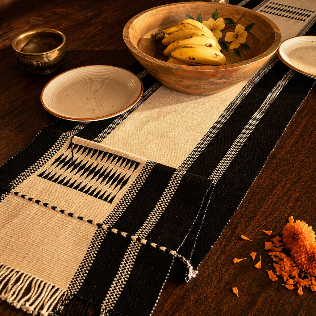 Black & White Tribal Naga Backstrap-Woven Runner, The Gathered Table. Handmade in India by House of Taraasha.