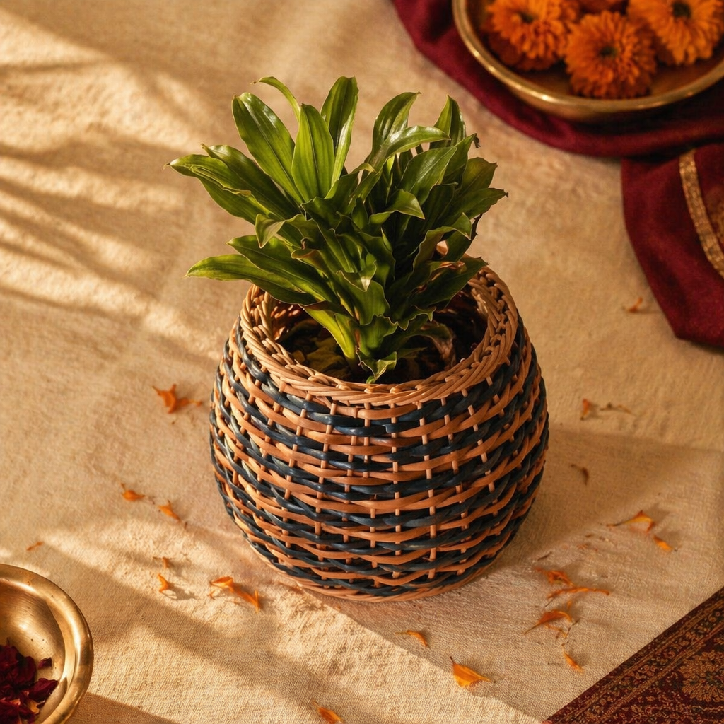Indigo and Brown Kashmiri Willow Wicker Planter, The Art Wall. Handmade in India by House of Taraasha.
