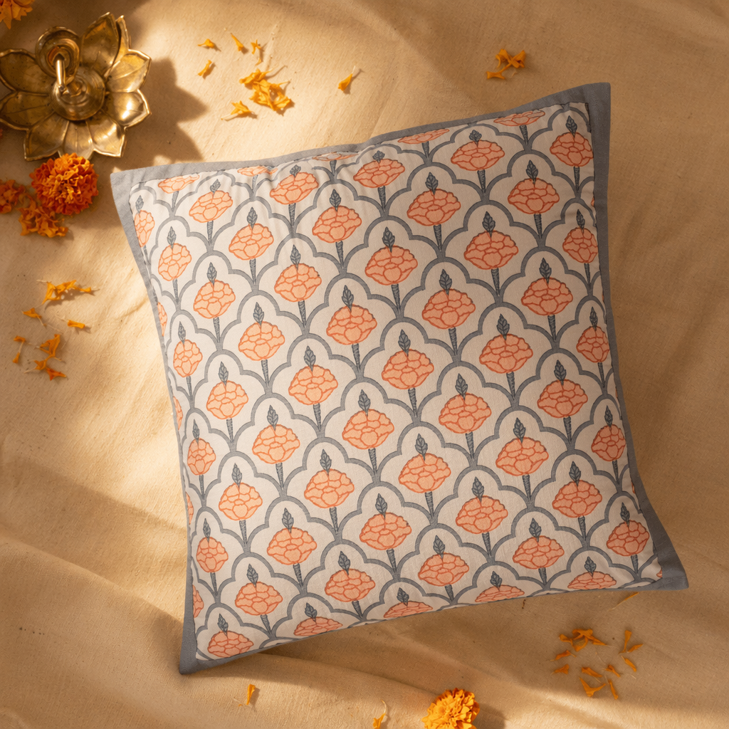 Blue and Dusty Pink Jaali Courtyards Cushion Cover, The Living Room. Handmade in India by House of Taraasha.
