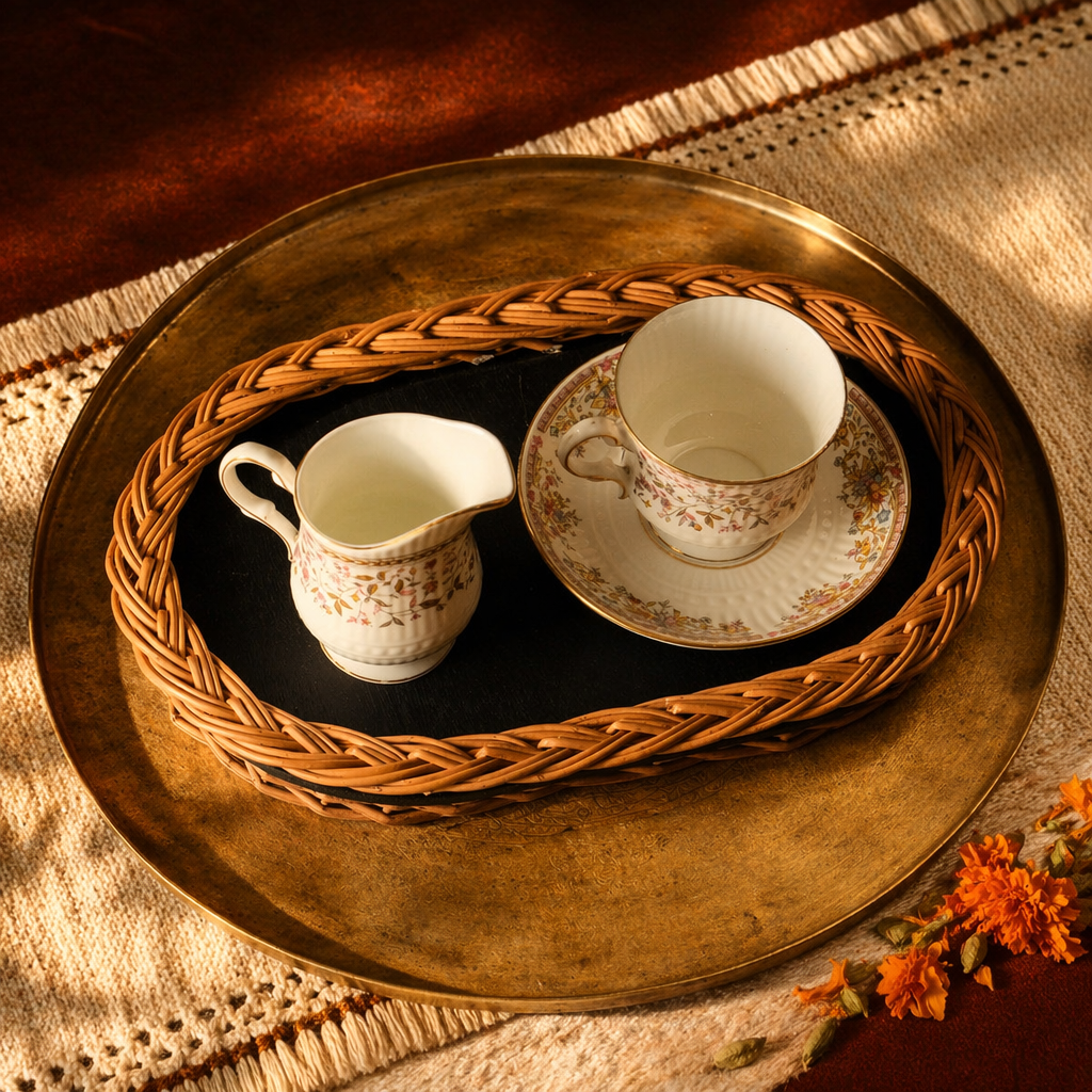 Ganderbal Kashmir Willow Wicker Serving Tray, The Brass Atelier. Handmade in India by House of Taraasha.