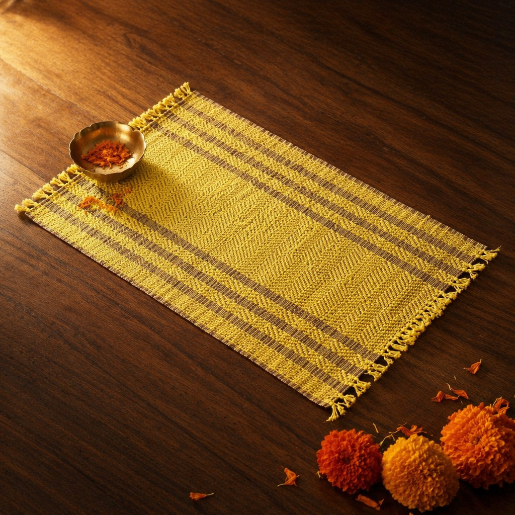Madur Grass Woven Table Mats Lemon Yellow, The Gathered Table. Handmade in India by House of Taraasha.