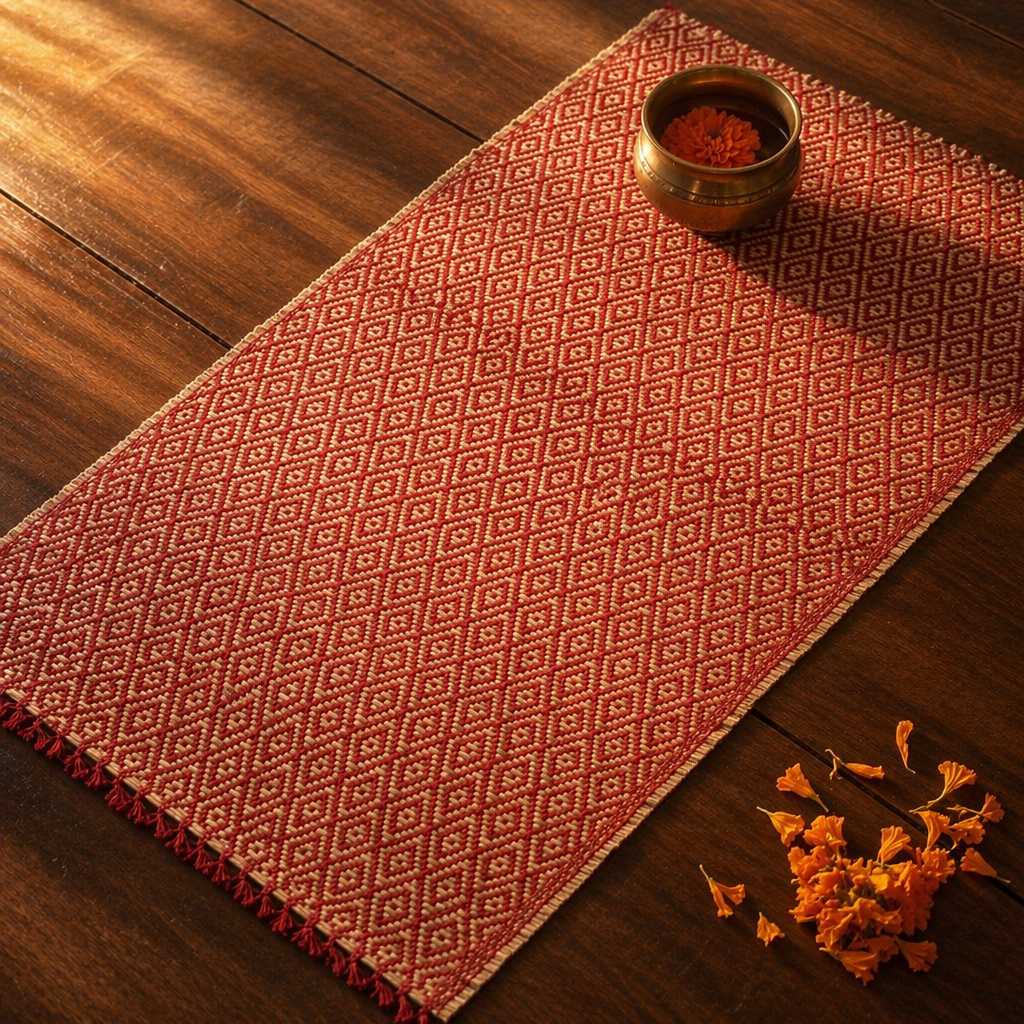 Madur Maroon Handwoven Grass Table Runner, The Gathered Table. Handmade in India by House of Taraasha.