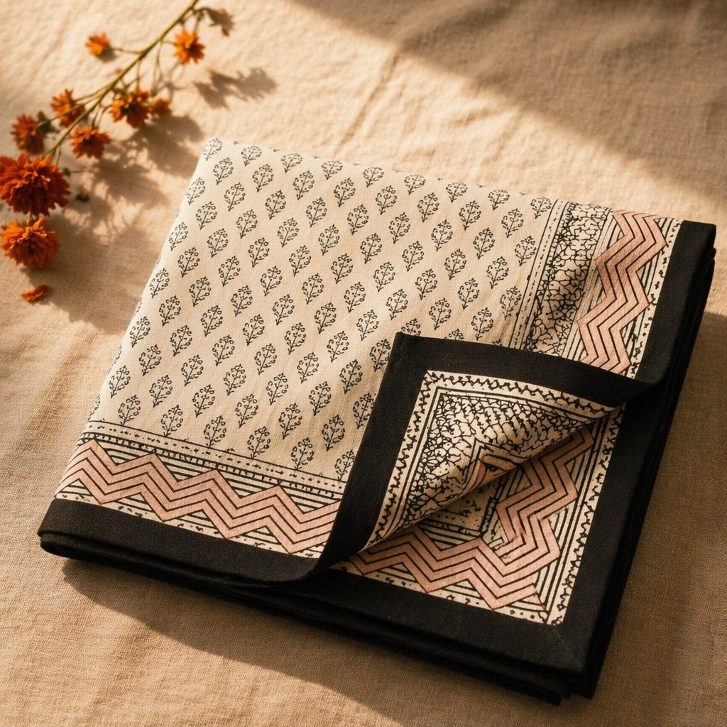 Beige & Maroon Bagru Floral Bedsheet, The Linen Room. Handmade in India by House of Taraasha.