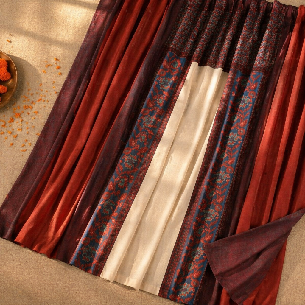 Chintz Assorted Set Brick Red, Navy and Ivory Cotton Curtains, The Draped Window. Handmade in India by House of Taraasha.