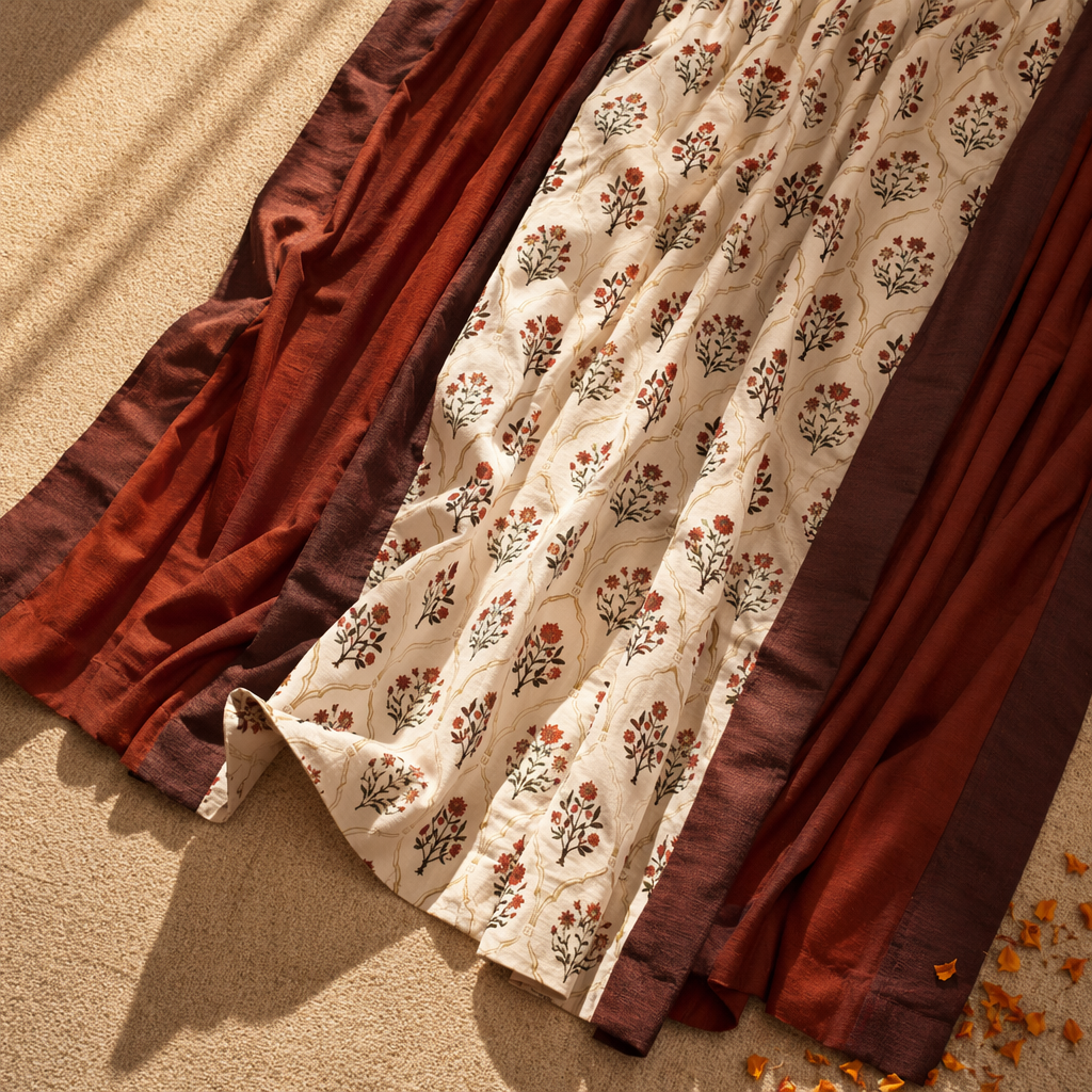 Royal Courtyards Rust & Maroon Woven-Printed Set of Three, The Draped Window. Handmade in India by House of Taraasha.