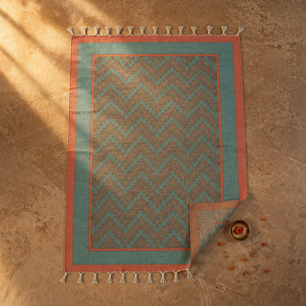 Green and Navy Hand Block-Printed Cotton Chevron Rug, The Woven Floor. Handmade in India by House of Taraasha.