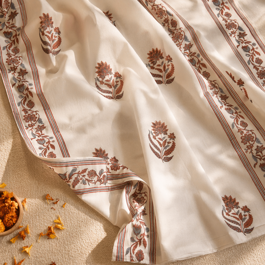 Mulmul Chintz Sheer Off-White, Brick Red and Navy, The Draped Window. Handmade in India by House of Taraasha.