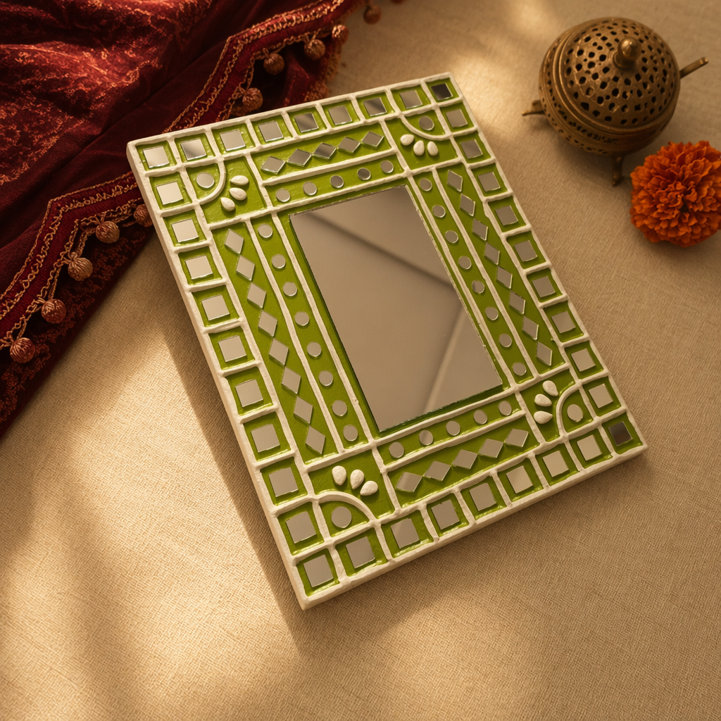 Lime Green Lippan Mirror Kutch Clay and Glass, The Art Wall. Handmade in India by House of Taraasha.