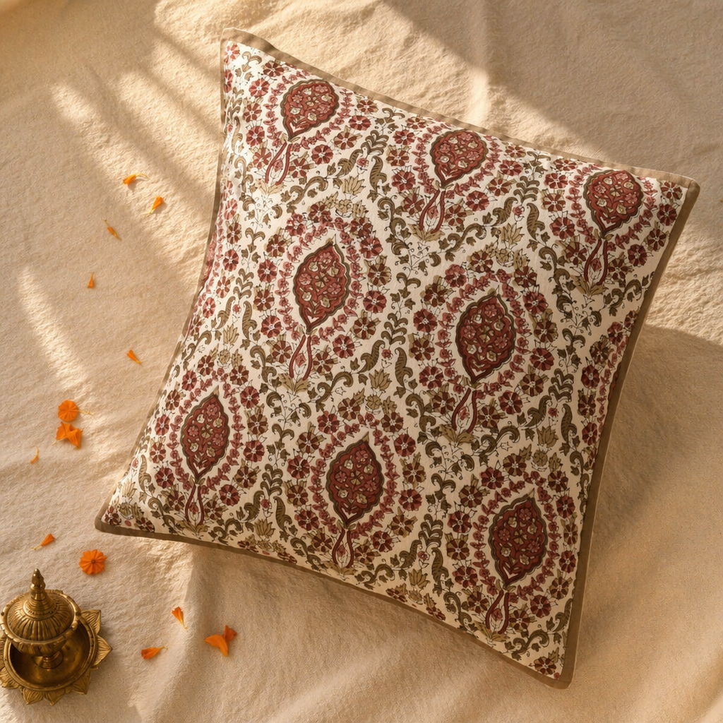 Ivory and Rust Vintage Pattern Block-Printed Cushion Cover, The Living Room. Handmade in India by House of Taraasha.