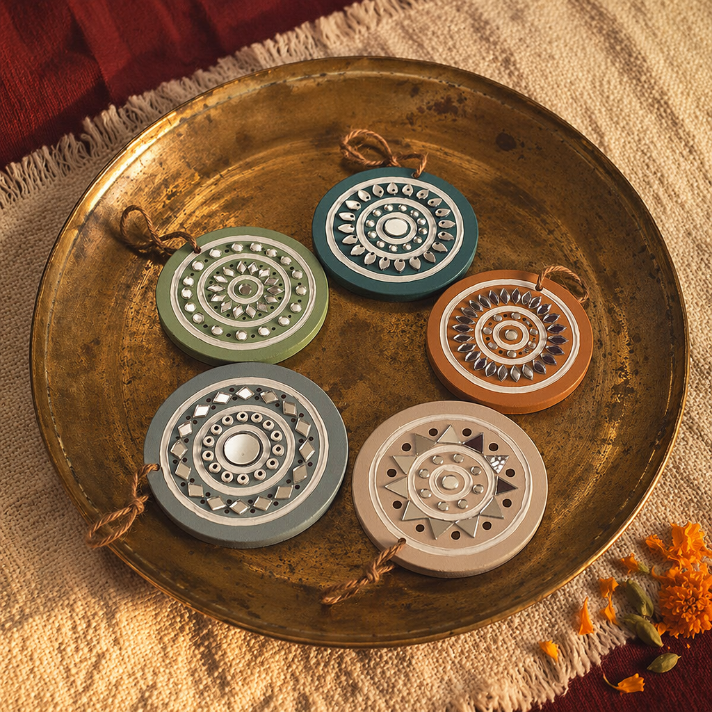 Lippan Mud Art Hanging Ornaments Pastel Set of Five, Still Light. Handmade in India by House of Taraasha.