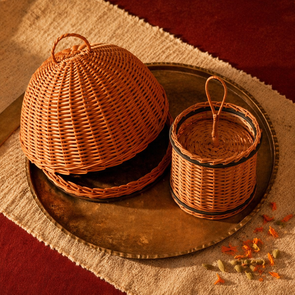 Kashmir Willow Cloche Platter & Cutlery Caddy, The Wicker House. Handmade in India by House of Taraasha.