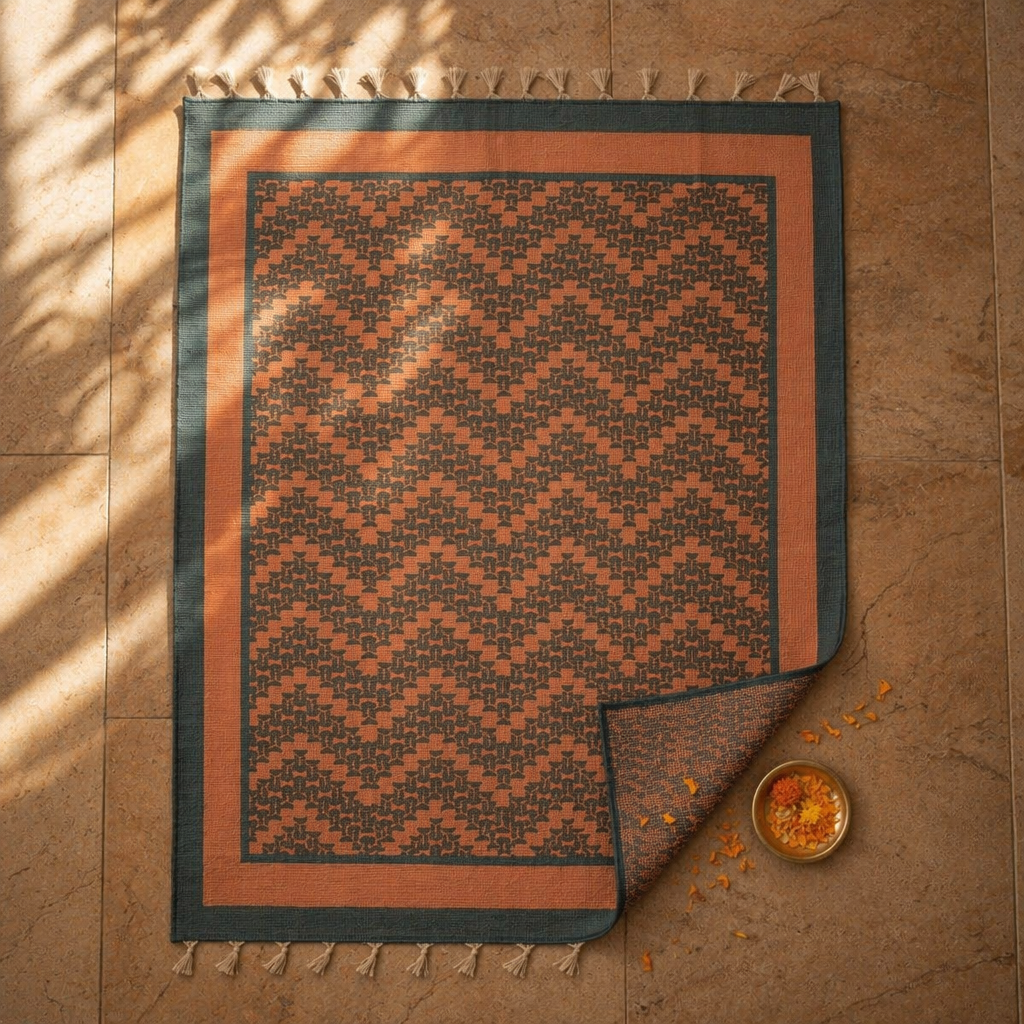 Coral & Teal Chintz Hand Block-Printed Cotton Rug, The Woven Floor. Handmade in India by House of Taraasha.