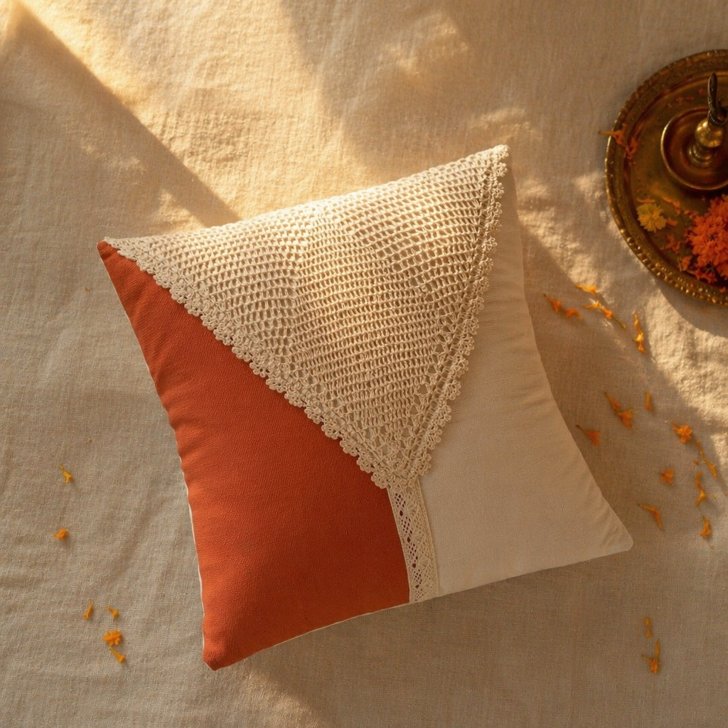 Crochet-Flap Rust and Off-White Cotton Cushion Cover, The Living Room. Handmade in India by House of Taraasha.