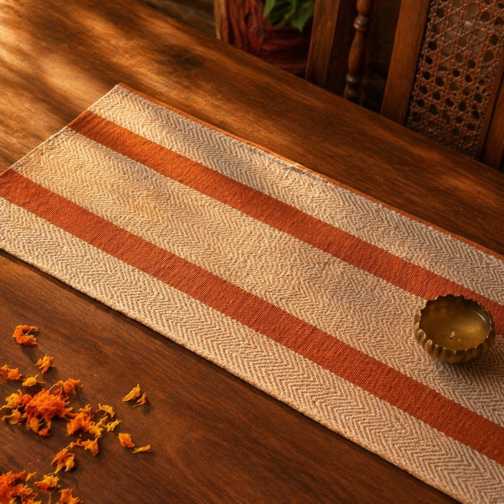 Madur Rust Handwoven Grass Table Runner, The Gathered Table. Handmade in India by House of Taraasha.