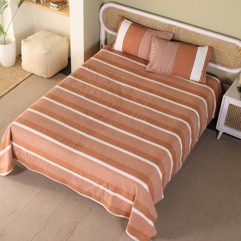 Pure Cotton Bed sheet with Pillow Cover in Rust and Off White | Single | Queen and King Sizes | Marigold Collection - Rust and Off white / Queen Size / Pure Cotton