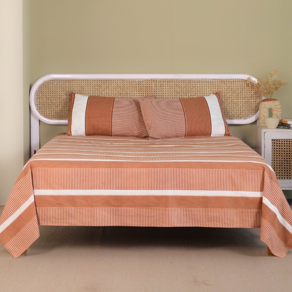 Pure Cotton Bed sheet with Pillow Cover in Rust and Off White | Single | Queen and King Sizes | Marigold Collection - Rust and Off white / Queen Size / Pure Cotton