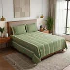 Pure Cotton Bedsheet for Double bed with 2 Pillow Covers | Handprinted Textured Design in Fern Green & Off White |Marigold Collection