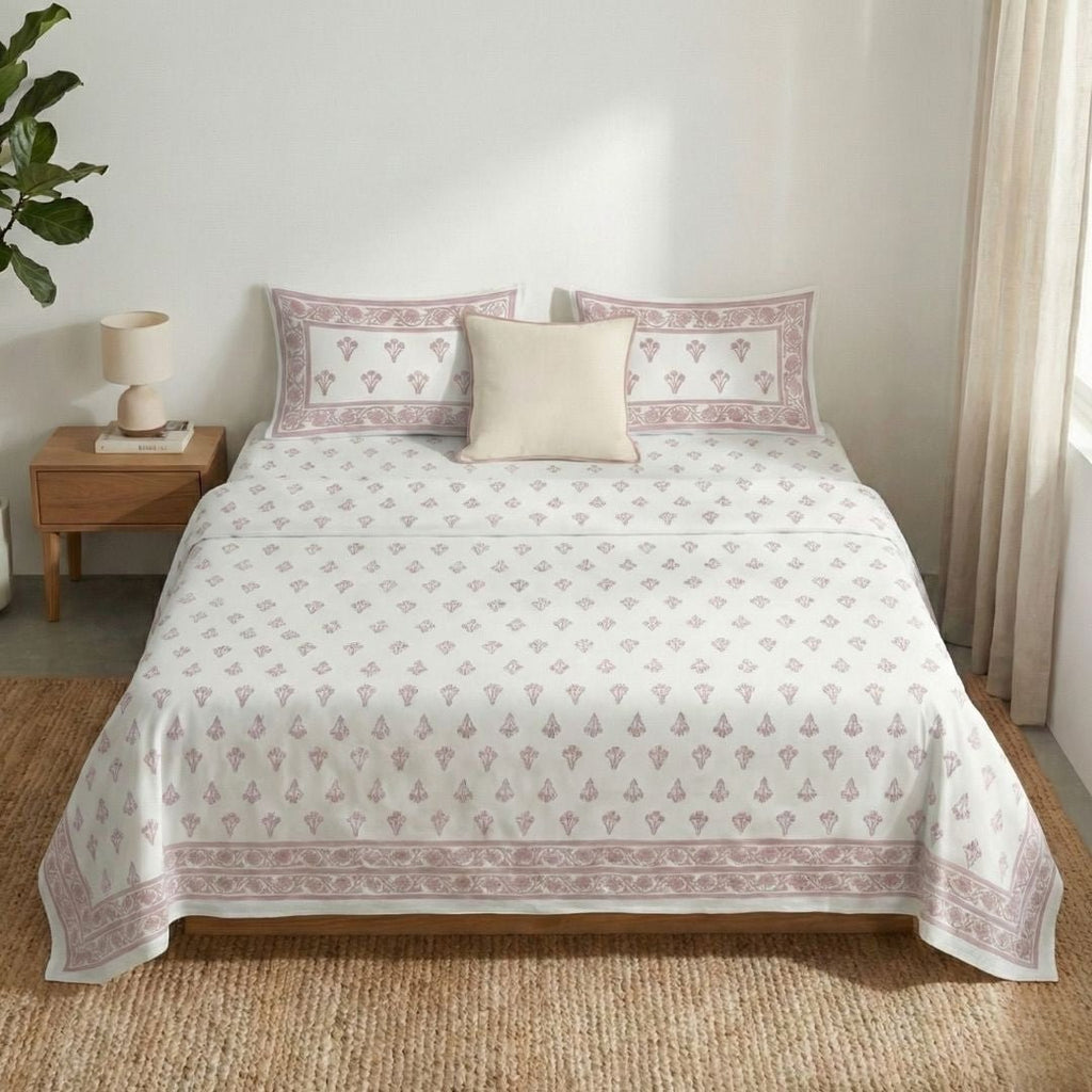 Pure Cotton Double Bedsheet Set with 2 Pillow Covers Hand Printed in a Floral design In Pink & White | 100% Pure Cotton in Queen Size - 90 by 108 inches