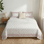 Pure Cotton Double Bedsheet Set with 2 Pillow Covers Hand Printed in a Floral design In Pink & White | 100% Pure Cotton in Queen Size - 90 by 108 inches