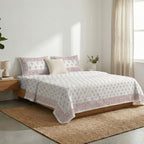Pure Cotton Double Bedsheet Set with 2 Pillow Covers Hand Printed in a Floral design In Pink & White | 100% Pure Cotton in Queen Size - 90 by 108 inches