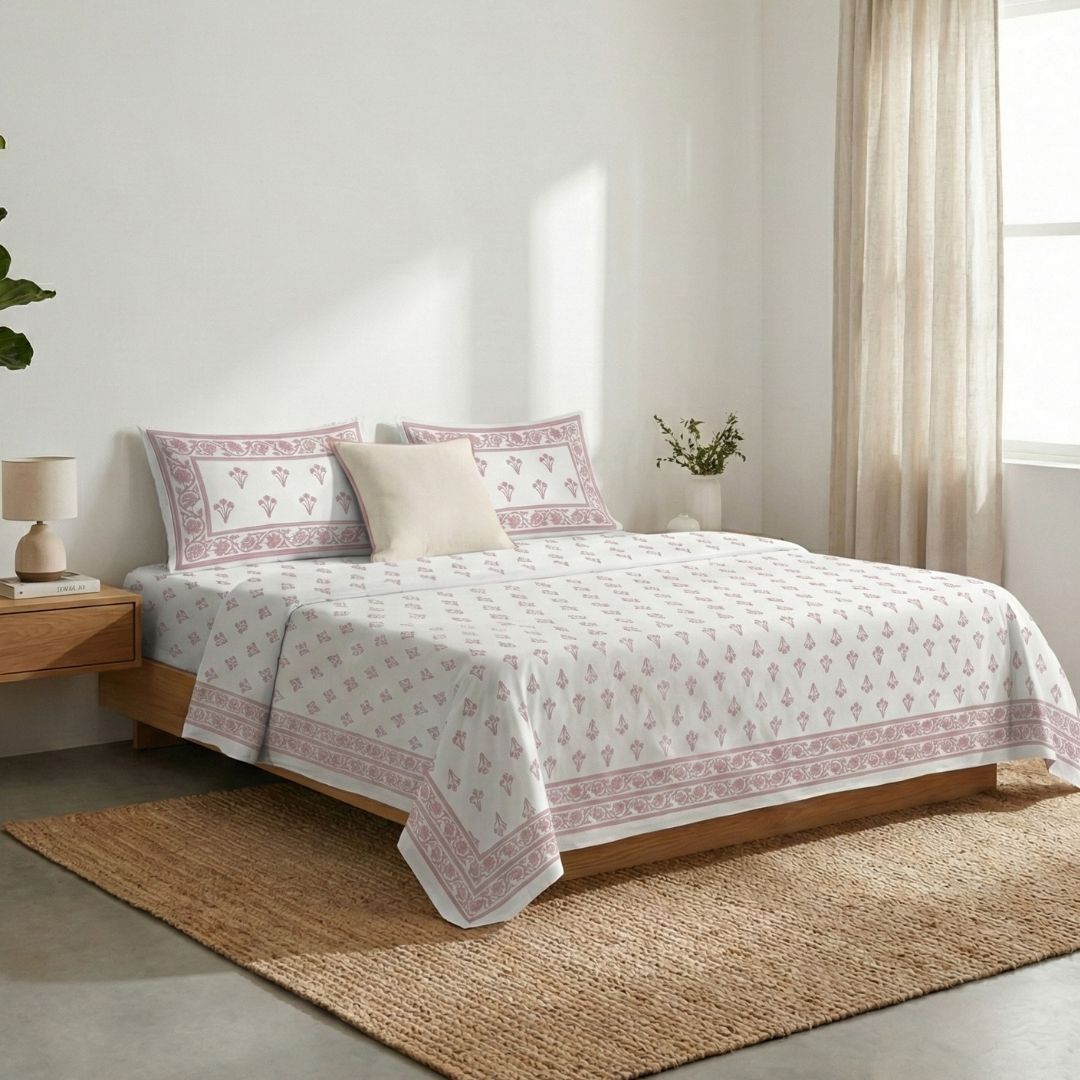 Pure Cotton Double Bedsheet Set with 2 Pillow Covers Hand Printed in a Floral design In Pink & White | 100% Pure Cotton in Queen Size - 90 by 108 inches