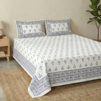 Pure Cotton Double Bedsheet Set with 2 Pillow Covers Hand Printed in a Floral Print In Off White and Blue| 100% Pure Cotton in Queen Size - 90 by 108 inches