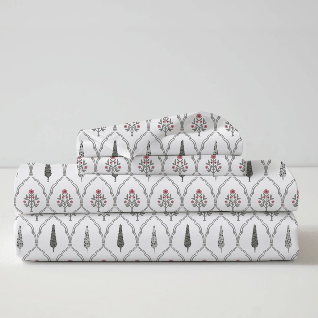 Double Bed sheet set with 2 Pillow Covers in Pure Cotton| Hand Printed in a Cypress design in a Pink Colour | Queen Size - 90 by 108 inches