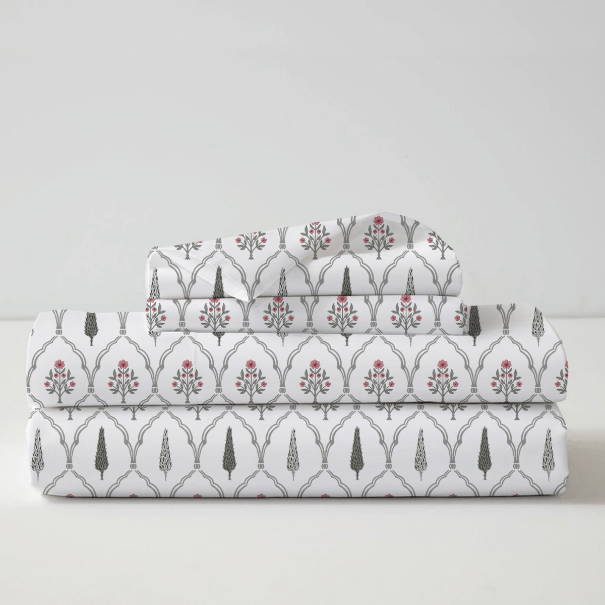 Double Bed sheet set with 2 Pillow Covers in Pure Cotton| Hand Printed in a Cypress design in a Pink Colour | Queen Size - 90 by 108 inches