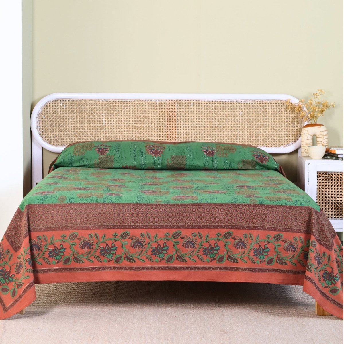 Pure Cotton Bed Cover | Queen Size | Green and Brick Red | Handprinted | Chintz Collection