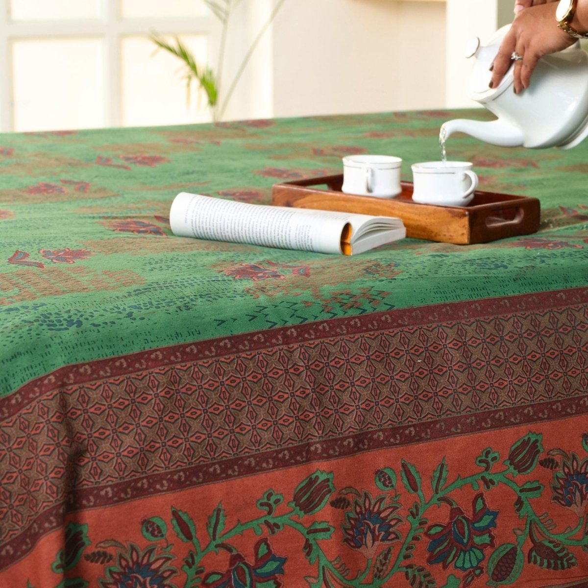 Pure Cotton Bed Cover | Queen Size | Green and Brick Red | Handprinted | Chintz Collection