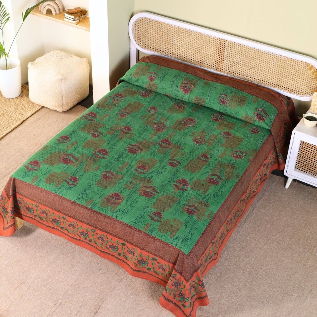 Pure Cotton Bed Cover | Queen Size | Green and Brick Red | Handprinted | Chintz Collection