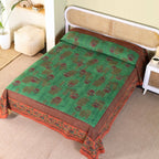 Pure Cotton Bed Cover | Queen Size | Green and Brick Red | Handprinted | Chintz Collection