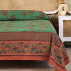Pure Cotton Bed Cover | Queen Size | Green and Brick Red | Handprinted | Chintz Collection